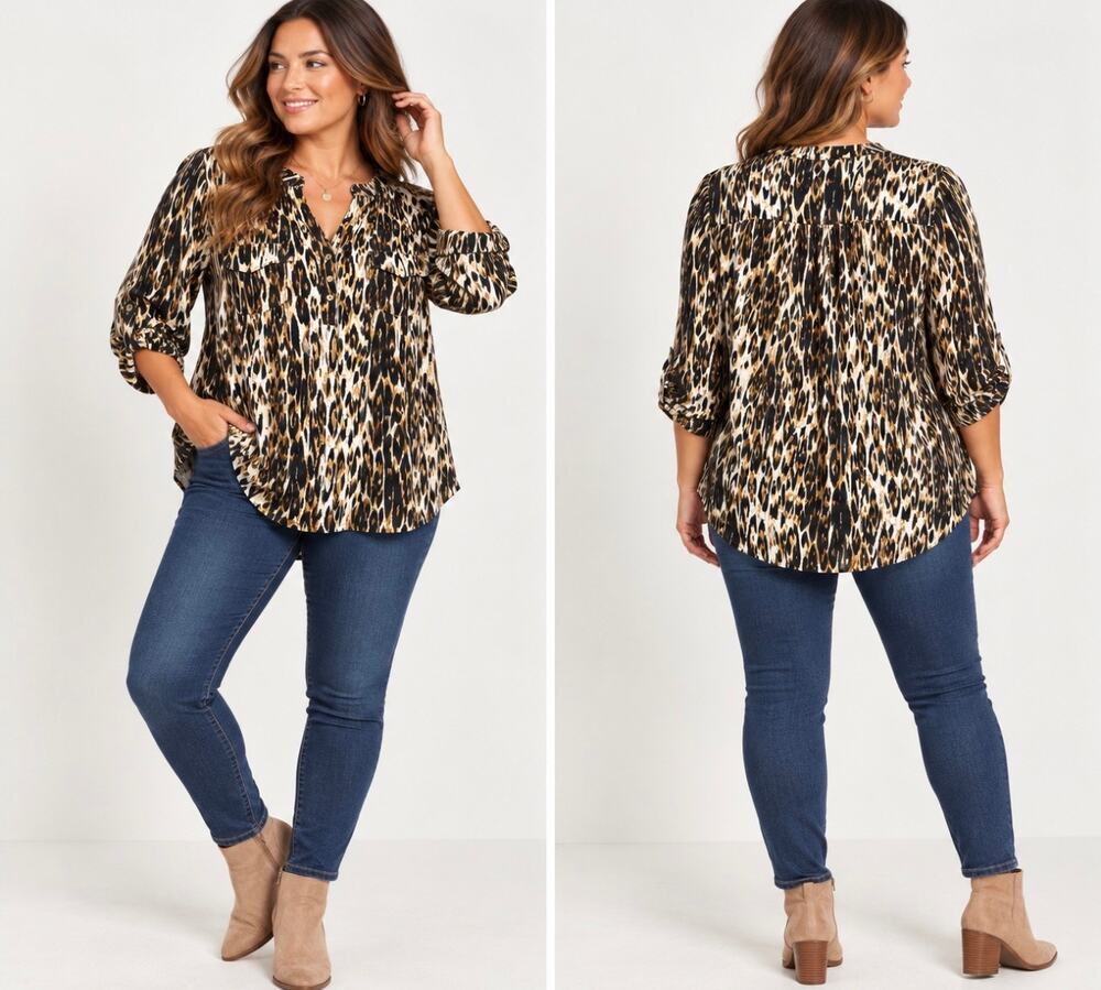 New Directions Leopard Animal Print Roll Tab Sleeve Tunic Blouse 3X Plus Size